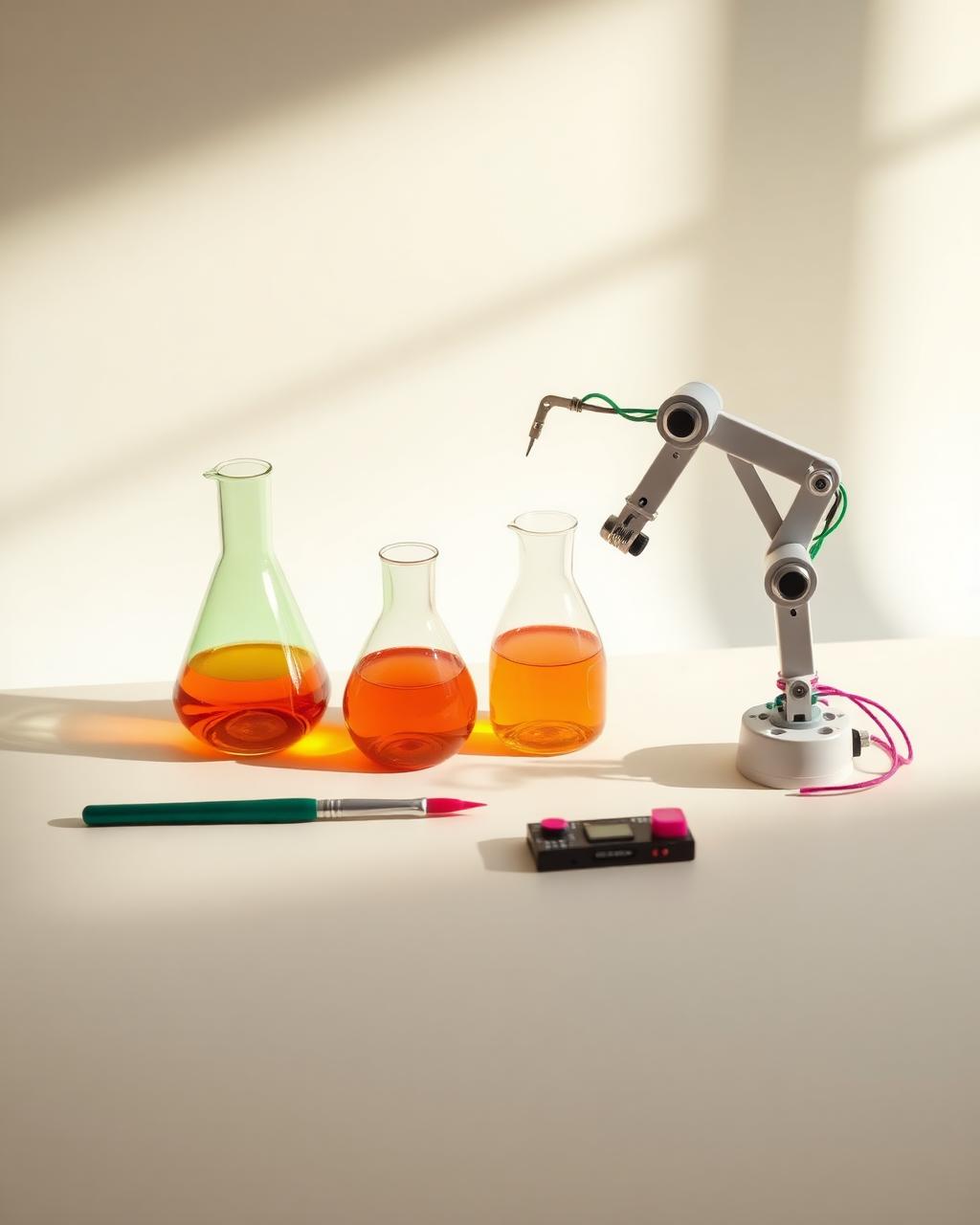 A bright maker-space arrangement of glass beakers, a robotic arm, a paintbrush and a circuit module.